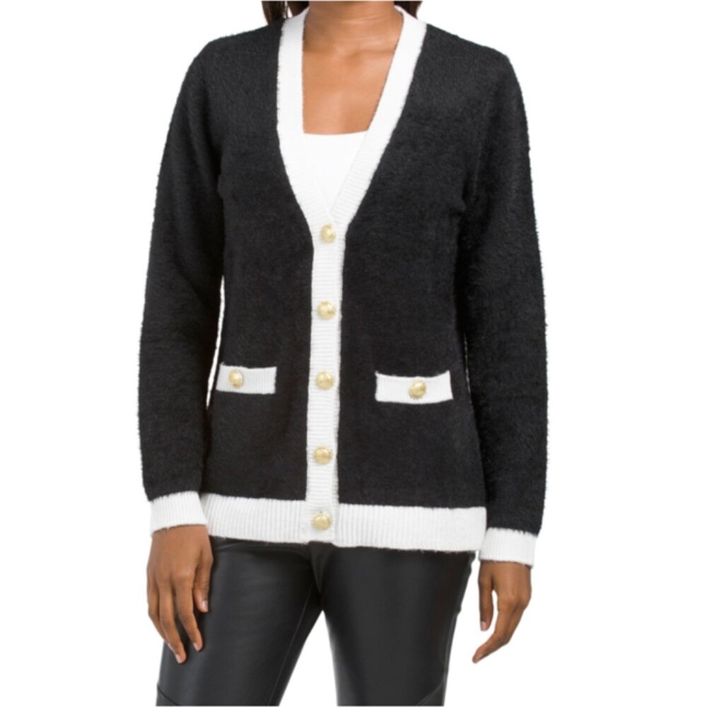 Tahari Eyelash Soft Cardigan with Gold Buttons Large NEW